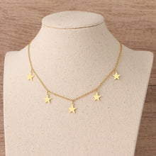 Load image into Gallery viewer, Stainless steel necklace comes in a gold and silver colour. It is made of a nice thin chain which is adorned with 5 charms in a shape of a star. This chain necklace is very nice accessory for a daily outfit. It has lobster clasp and adjustable length.
