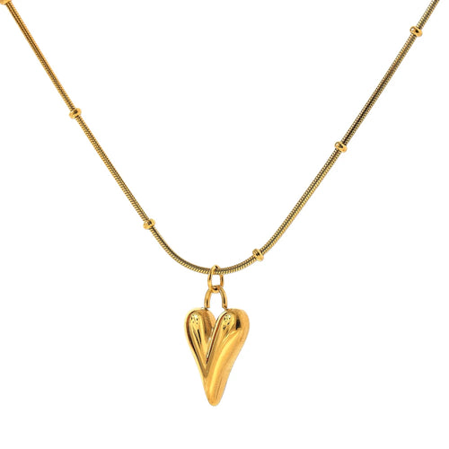 This elegant 18K gold plated necklace is made of stainless steel and comes in two colours: gold and silver. Chain is decorated with small balls and has pedant in a shape of a heart. The necklace has lobster clasp and adjustable size. It can be worn with daily and evening outfits.