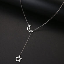 Load image into Gallery viewer, Stainless steel necklace comes in a gold, silver and rose gold colour. It is made of a nice thin chain which is adorned on each end with one silhouette charm: moon and a star. This chain necklace is pretty long and it is worn in a way that star pendant should be pulled through the moon pendant. It is a great accessory to any evening outfit but it can easily be combined with daily outfits as well.
