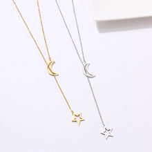 Load image into Gallery viewer, Stainless steel necklace comes in a gold, silver and rose gold colour. It is made of a nice thin chain which is adorned on each end with one silhouette charm: moon and a star. This chain necklace is pretty long and it is worn in a way that star pendant should be pulled through the moon pendant. It is a great accessory to any evening outfit but it can easily be combined with daily outfits as well.
