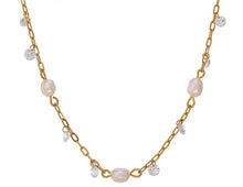 Load image into Gallery viewer, This romantic 18K gold plated stainless steel necklace comes in a gold colour. It is made as a combination of chain and natural freshwater pearls. The necklace is additionally adorned with little cubic zirconia that are attached to the chain. The necklace is perfect for spicing up your daily or evening outfit. It has lobster clasp and adjustable length.
