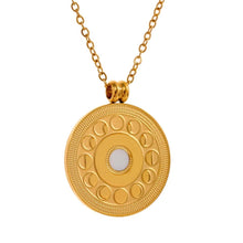 Load image into Gallery viewer, 18K gold plated stainless steel medallion necklace comes in gold colour. Statement medallion is adorned with a bigger cubic zirconia in the middle, and it represents lunar phases. It is a perfect piece for an elegant summer occasion outfit. The necklace has a size adjustable chain with a lobster clasp. 
