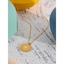 Load image into Gallery viewer, 18K gold plated stainless steel medallion necklace comes in gold colour. Statement medallion is adorned with a bigger cubic zirconia in the middle, and it represents lunar phases. It is a perfect piece for an elegant summer occasion outfit. The necklace has a size adjustable chain with a lobster clasp. 
