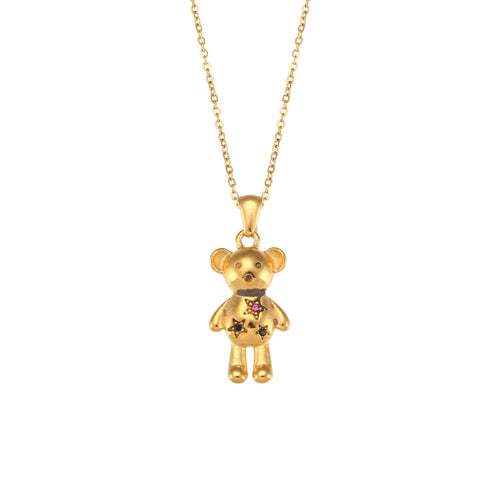 Necklace is made out of stainless steel and comes in two colours: gold and silver. Pendant is in a shape of a cute teddy bear and it is additionally adorned with cubic zirconia stars in pink colour. This beautiful necklace can be worn with daily or evening outfit. It has a size adjustable lobster clasp. 