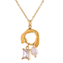 Load image into Gallery viewer, This fashion 18K gold plated stainless steel necklace comes in a gold colour. It is adorned with an interestingly shaped pendant on which we have two smaller pendants hanging: one natural freshwater pearl and one squared cubic zirconia. This simple but trendy necklace is perfect accessory for any outfit due to its minimalistic design. It has lobster clasp and adjustable length.
