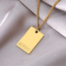 Load image into Gallery viewer, This simple and elegant stainless steel necklace comes in two colours: silver and gold. Its very simple and elegant design is additionally adorned with a rectangle pendant. Pendant has engraved messages of love and support: &quot;Love each other more&quot;, &quot;Always&quot;, &quot;More self love&quot;, &quot;The world is yours&quot; and &quot;Breathe&quot;. This necklace is a perfect gift for your loved ones. The necklace has a lobster clasp.
