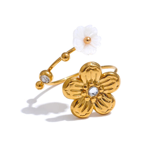 Embrace elegance with this exquisite adjustable open ring, featuring a delicate design with one smaller natural shell flower and one larger stainless steel flower at each end. Adorned with shimmering zircon accents, this high-quality gold-plated ring offers a stylish contrast of textures and shapes. Perfect for summer fashion, it’s a timeless accessory that adds sophistication to any look—an ideal gift for any jewelry lover!