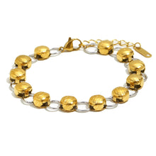 Load image into Gallery viewer, Add a playful yet modern touch to your style with this mixed colour bean ring buckle bracelet. Crafted from high-quality stainless steel with a durable plated finish, it features a unique splicing design and vibrant colour accents that make it stand out. Stylish and comfortable for everyday wear, this trendy bracelet is perfect for layering or wearing alone and makes a thoughtful gift for women who love contemporary fashion jewelry.
