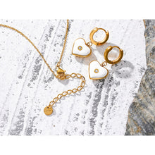 Load image into Gallery viewer, Stainless steel necklace comes in a rose gold colour. It is made of small link chain and it is adorned with a pendant in a shape of a heart. The heart has white enamel layer and small zircon in the middle. This romantic chain necklace is perfect for spicing up both, your daily or evening outfit. It has lobster clasp and adjustable length.
