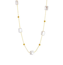 Load image into Gallery viewer, This luxurious necklace is made of stainless steel and freshwater pearls. Combination of square shaped pearls and ultra-thin chain, additionally adorned with small gold balls, can be worn with an everyday outfit but also makes a great accessory for evening night out. It has a size adjustable lobster clasp.
