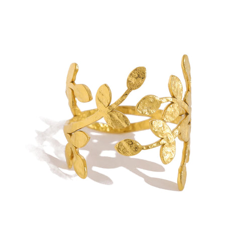 Add a touch of nature’s elegance to your look with this exquisite stainless steel metal plants ring. Featuring a beautifully irregular texture and 18K gold plating, this ring combines organic, leaf-inspired design with a modern, luxurious twist. The intricate metalwork captures the beauty of nature while remaining trendy and wearable for any occasion. Waterproof and crafted for durability, this statement piece is perfect for those who appreciate bold style with a timeless, sophisticated charm. A must-have f