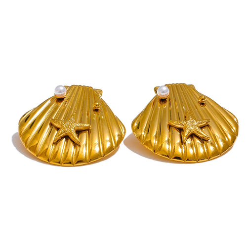 Add a touch of seaside elegance to your look with these gold shell shape stud earrings, perfect for fashion-forward women. Plated in 18K gold, these stylish earrings feature delicate shell shape adorned with a little pearl and a starfish, capturing the carefree spirit of a holiday by the ocean.