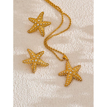 Load image into Gallery viewer, These stunning stud earrings, crafted from stainless steel, feature striking starfish pendants that exude summer elegance. Each starfish is beautifully adorned with sparkling cubic zirconia, adding a radiant touch of glamour and sophistication to your look. Perfect for complementing any summer outfit, these earrings effortlessly bring a hint of coastal charm and eye-catching sparkle. 
