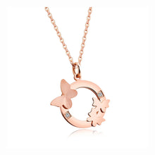 Load image into Gallery viewer, This elegant 18K gold plated necklace is made of stainless steel and comes in a rose gold colour. It is adorned with a beautiful pendant in a shape of a circle. There are three butterflies on the circle as well as two cubic zirconia which makes this pendant very elegant and classy. This necklace is a perfect accessory for a glamorous outfit. It has a size adjustable chain with a lobster clasp.&nbsp;
