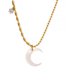 Load image into Gallery viewer, This chic pendant necklace is made out of 18K gold plated stainless steel. It has elegant bead chain and it is adorned with nice white shell moon pendant. Beads are smaller on one side and bigger on the other. The chain is additionally adorned with a small cubic zirconia pendant. This necklace is a perfect piece for an elegant occasion outfit. The necklace has a size adjustable chain with a lobster clasp.&nbsp;
