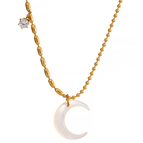 This chic pendant necklace is made out of 18K gold plated stainless steel. It has elegant bead chain and it is adorned with nice white shell moon pendant. Beads are smaller on one side and bigger on the other. The chain is additionally adorned with a small cubic zirconia pendant. This necklace is a perfect piece for an elegant occasion outfit. The necklace has a size adjustable chain with a lobster clasp. 