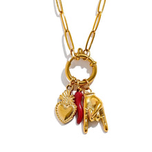 Load image into Gallery viewer, Add a touch of bold elegance to your look with our stainless steel pendant necklace. This eye-catching piece features a unique blend of intricate charms, including a vibrant red chili, a delicate hand, and a heart pendant, each symbolizing passion, energy, and heartfelt expression. Crafted from durable 316L stainless steel, this necklace offers long-lasting wear and a sleek, polished finish that adds sophistication to any outfit.Perfect for women who love personalized and meaningful jewelry, this necklace c
