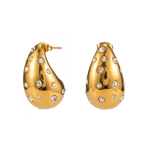 These chic chubby waterdrop stud earrings bring a touch of elegance with their sleek gold and silver color options and embedded zircon accents that add a hint of sparkle. Crafted from durable stainless steel, they’re designed to be both stylish and long-lasting, making them a versatile accessory for any occasion.