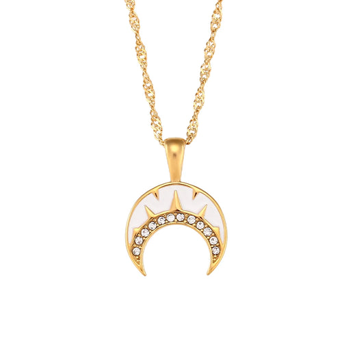 This very elegant pendant necklace is made out of 18K gold plated stainless steel. Pendant is in a shape of a moon and it comes in two colours: black or white. The moon is additionally adorned with a line of cubic zirconia. Necklace can be combined with an elegant dinning outfit and it can be a perfect gift for a special one. It has a size adjustable lobster clasp. 