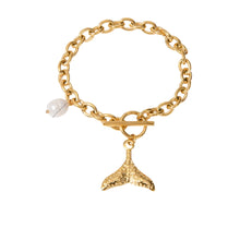 Load image into Gallery viewer, Add a touch of seaside charm to your look with this Summer Stainless Steel Fishtail and Star Charm Bracelet. Plated in radiant 18K gold and designed with a delicate drop chain, this stylish bracelet features playful fishtail and pearl charms that capture the essence of summer. Waterproof and durable, it&#39;s perfect for everyday wear, whether you&#39;re at the beach or adding a touch of whimsy to your daily outfit.
