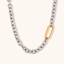 Load image into Gallery viewer, Make a bold statement with this cool 8mm thick stitching O-chain necklace, featuring a stunning silver color with a contrasting gold paperclip buckle for a modern edge. Crafted from premium stainless steel, this durable and sleek piece adds a touch of sophistication to any outfit. Perfect for layering or wearing solo, it&#39;s a versatile accessory for both casual and dressy occasions. A must-have addition to any jewelry collection!
