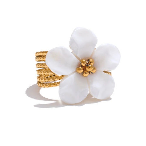 Elevate your style with this thicker natural shell flower open ring, crafted from durable stainless steel with a radiant gold color finish. Featuring a bold yet elegant flower design made from natural shell, this exquisite ring adds a touch of sophistication to any look. Its open, adjustable design ensures a comfortable fit, making it a stylish and waterproof accessory for any occasion. A perfect blend of fashion and elegance!