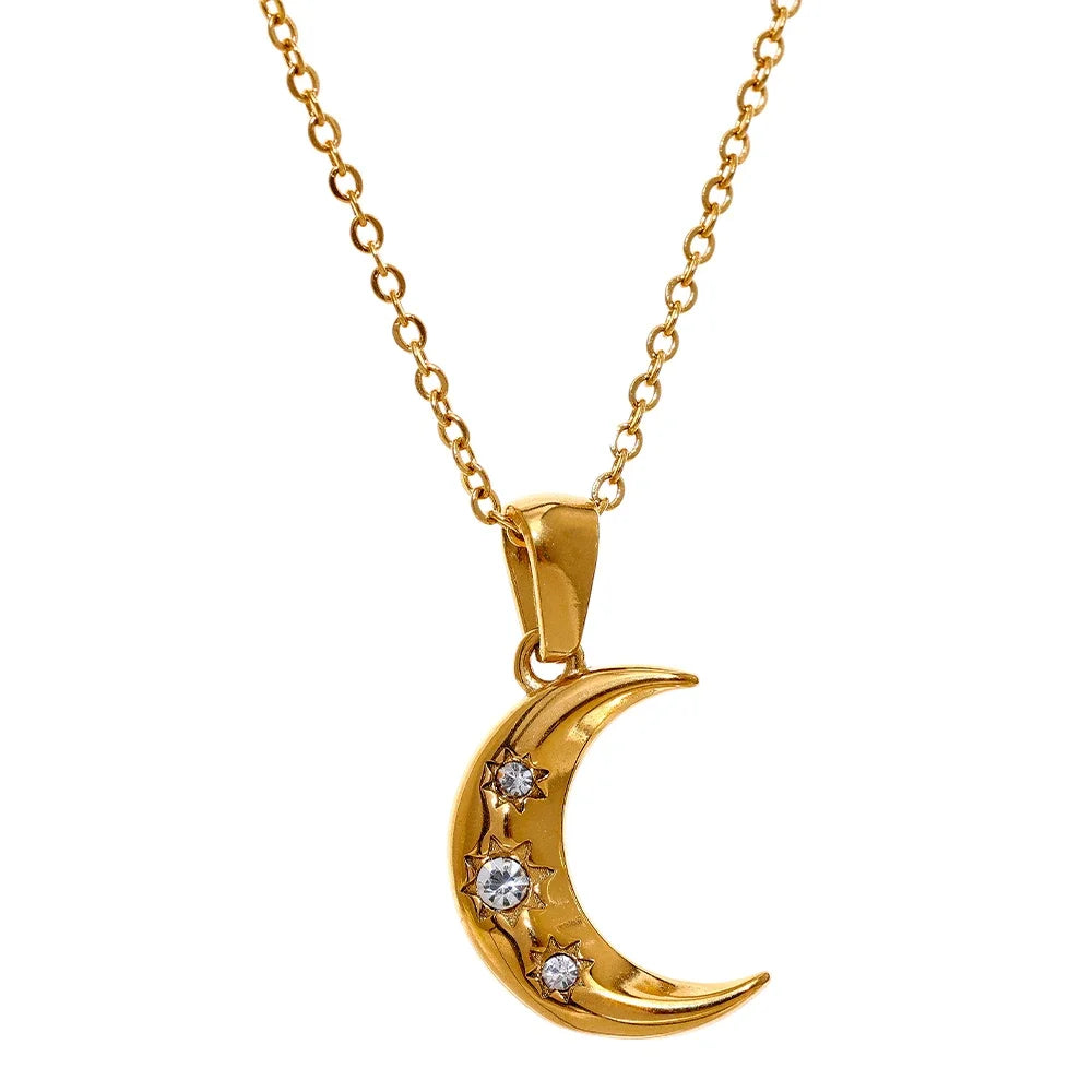 This romantic stainless steel necklace comes in a gold colour. Its has very mice thin chain which is adorned with a nice moon pendant. The moon has several cubic zirconia on its surface which makes it more chic and glamorous. The chain necklace is perfect for spicing up your daily or evening outfit. It has lobster clasp and adjustable length.