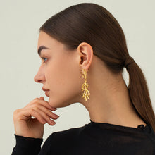 Load image into Gallery viewer, These trendy drop earrings feature a unique coral-textured design, plated in radiant 18K gold and adorned with delicate inlaid pearls for a touch of elegance. Crafted from high-quality stainless steel, they combine durability with sophistication, making them perfect for women who love standout accessories. Ideal as a thoughtful gift, these earrings add a luxurious and modern flair to any outfit.
