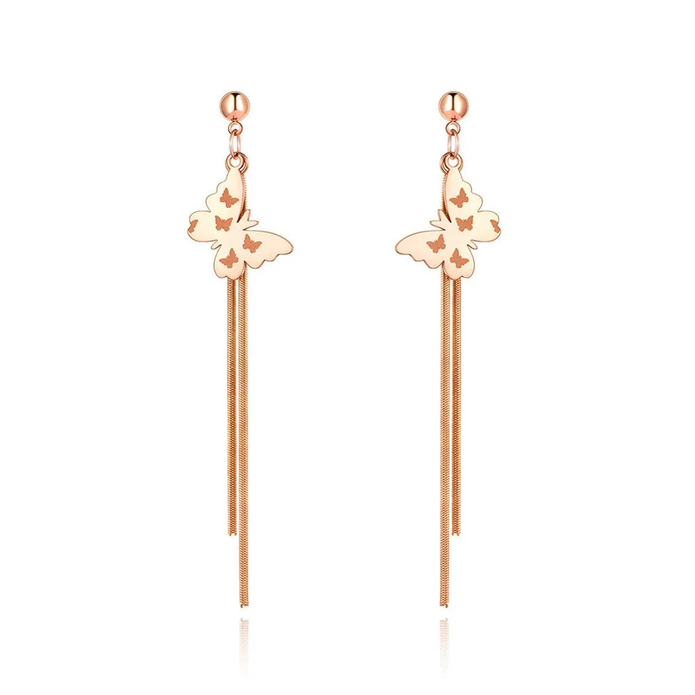 Add graceful elegance to your look with these trendy stainless steel butterfly charm earrings. Featuring delicate long chain tassels, these animal-inspired earrings bring a touch of sparkle and sophistication to any outfit. Perfect for women who love chic, nature-themed jewelry, they’re an ideal accessory for both everyday wear and special occasions.