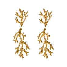 Load image into Gallery viewer, These trendy drop earrings feature a unique coral-textured design, plated in radiant 18K gold and adorned with delicate inlaid pearls for a touch of elegance. Crafted from high-quality stainless steel, they combine durability with sophistication, making them perfect for women who love standout accessories. Ideal as a thoughtful gift, these earrings add a luxurious and modern flair to any outfit.

