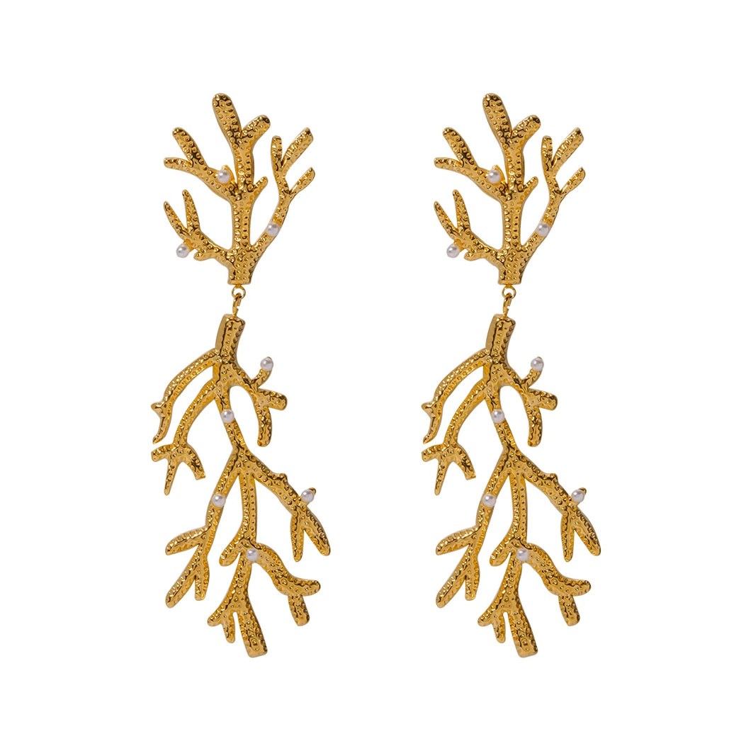 These trendy drop earrings feature a unique coral-textured design, plated in radiant 18K gold and adorned with delicate inlaid pearls for a touch of elegance. Crafted from high-quality stainless steel, they combine durability with sophistication, making them perfect for women who love standout accessories. Ideal as a thoughtful gift, these earrings add a luxurious and modern flair to any outfit.