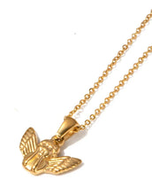 Load image into Gallery viewer, This vintage-inspired angel necklace features a delicate pendant in the shape of an angel, crafted from waterproof, rust-proof stainless steel and plated in luxurious 18K gold. Designed for everyday wear, it combines durability with classic elegance, making it a versatile piece for any occasion. With its timeless charm and meaningful design, this necklace effortlessly complements any outfit, adding a touch of sophistication and grace to your daily jewelry collection.
