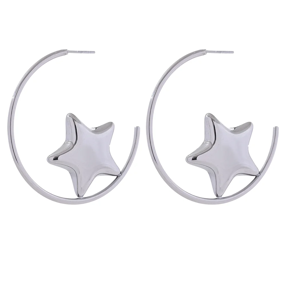 Enhance your style with these trendy stainless steel round star huggie earrings, available in sleek silver and radiant gold. Designed for modern women, their minimalist star charm adds a touch of elegance to any look. Crafted from anti-allergic stainless steel, they ensure comfort and durability, making them perfect for everyday wear. Whether as a thoughtful gift or a chic addition to your jewelry collection, these versatile earrings blend fashion and sophistication effortlessly.