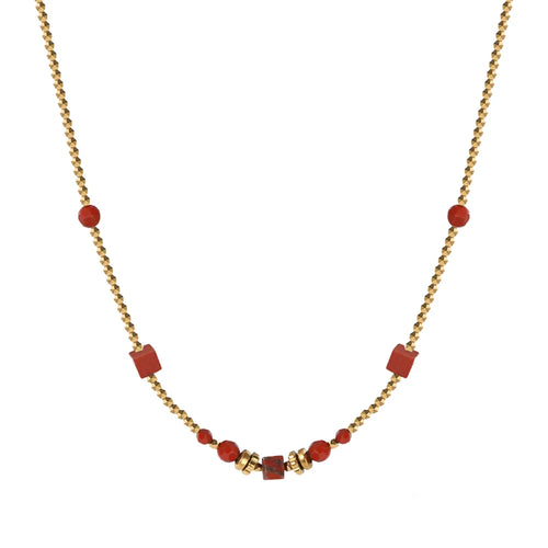 This charming vintage necklace is made of gold plated stainless steel beads and red natural stone beads. Red and gold combo gives this necklace elegant, vintage look. This necklace is a perfect accessory for an elegant evening outfit. The necklace has a lobster clasp and adjustable length.