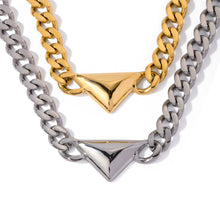 Load image into Gallery viewer, Make a bold yet understated statement with this luxury stainless steel Cuban chain geometric triangle necklace. Featuring a sleek triangle pendant paired with a classic Cuban chain, this unisex piece blends modern design with timeless appeal. Crafted from durable stainless steel, it offers a stylish, tarnish-resistant finish perfect for everyday wear or special occasions. 
