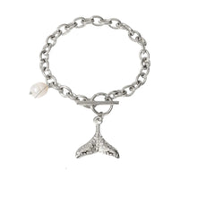 Load image into Gallery viewer, Add a touch of seaside charm to your look with this Summer Stainless Steel Fishtail and Star Charm Bracelet. Plated in radiant 18K gold and designed with a delicate drop chain, this stylish bracelet features playful fishtail and pearl charms that capture the essence of summer. Waterproof and durable, it&#39;s perfect for everyday wear, whether you&#39;re at the beach or adding a touch of whimsy to your daily outfit.
