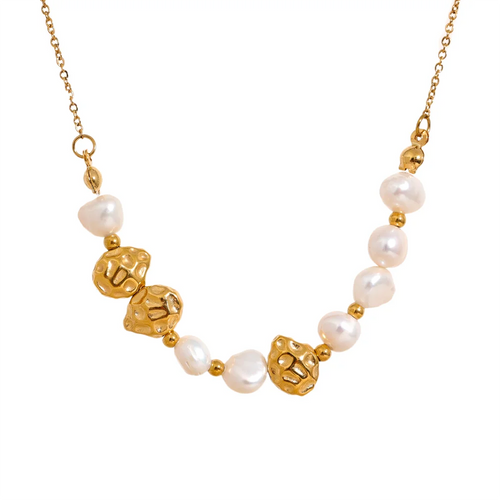 Elevate your style with this natural pearl and stainless steel beaded necklace, a perfect blend of vintage charm and modern elegance. Featuring luminous natural pearls and gold-colored stainless steel beads, this piece adds a sophisticated touch to any outfit. Durable and timeless, it’s a versatile accessory that can be worn alone or layered, making it a perfect gift for any stylish woman.