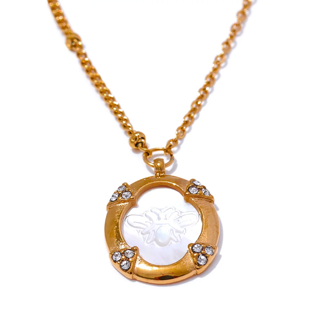 Add a touch of elegance to your look with this chic luxury round pendant necklace. Featuring a natural shell accented with a sparkling zircons and carved bee, this graceful design exudes French-inspired charm. Crafted from durable stainless steel, it’s waterproof and perfect for everyday wear or special occasions. A sophisticated accessory that blends style and durability, making it a timeless addition to any jewelry collection.