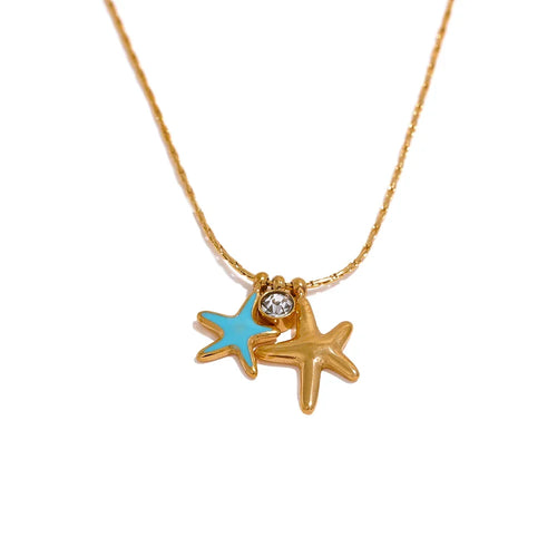 This perfect summer necklace is made of stainless steel and comes in gold colour. It is adorned with three small pendants, two starfish and one cubic zirconia. One starfish is gold and the other is turquoise blue. Chain is very delicate as the whole necklace which makes it a great accessory for any summer outfit. The necklace has lobster clasp and adjustable length.