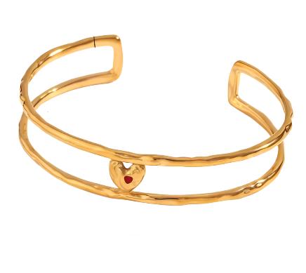 Elevate your style with this exquisite double layer hollow open bracelet, featuring a striking red enamel heart at its center. Crafted from durable 316L stainless steel and plated in luxurious 18K gold, this statement piece exudes elegance and charm. Available in both gold and silver, this bracelet adds a versatile touch to complement any outfit.