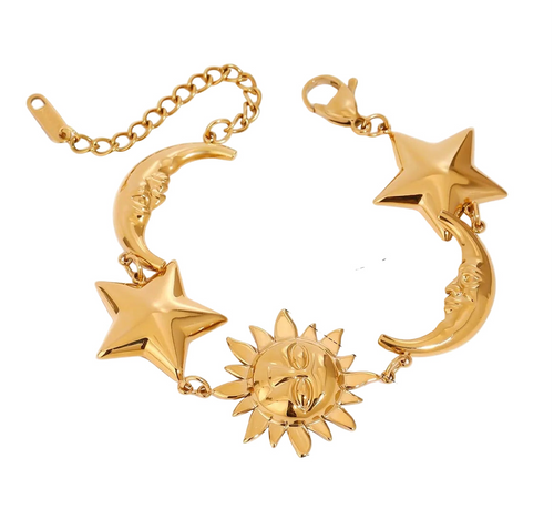 Shine bright with this fashion-forward sun pendant bracelet, crafted from 18K gold-plated stainless steel. Featuring a stunning star and moon design, this stackable piece effortlessly combines celestial charm with modern elegance. Available in both gold and silver, it’s the perfect accessory to add a touch of cosmic beauty to any look, whether worn solo or stacked for extra sparkle.