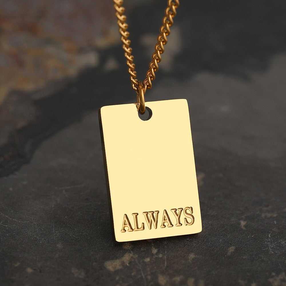 This simple and elegant stainless steel necklace comes in two colours: silver and gold. Its very simple and elegant design is additionally adorned with a rectangle pendant. Pendant has engraved messages of love and support: 