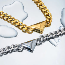 Load image into Gallery viewer, Make a bold yet understated statement with this luxury stainless steel Cuban chain geometric triangle necklace. Featuring a sleek triangle pendant paired with a classic Cuban chain, this unisex piece blends modern design with timeless appeal. Crafted from durable stainless steel, it offers a stylish, tarnish-resistant finish perfect for everyday wear or special occasions. 
