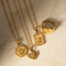 Load image into Gallery viewer, This vintage-inspired angel necklace features a delicate pendant in the shape of an angel, crafted from waterproof, rust-proof stainless steel and plated in luxurious 18K gold. Designed for everyday wear, it combines durability with classic elegance, making it a versatile piece for any occasion. With its timeless charm and meaningful design, this necklace effortlessly complements any outfit, adding a touch of sophistication and grace to your daily jewelry collection.
