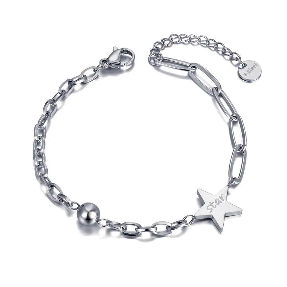 Elevate your style with this fashion stainless steel star & ball charm bracelet. Designed with bohemian-inspired chain links, this versatile jewelry set adds a playful yet elegant touch to any outfit. Perfect for women and girls, it’s ideal for parties or everyday wear, making it a must-have accessory for those who love trendy, coordinated looks.