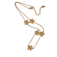 Load image into Gallery viewer, This delicate and classy necklace is made out of stainless steel with 18K gold plating. It consists of a thin chain with five flower charms and it comes in gold colour. It has a size adjustable lobster clasp. It can be worn as a perfect summer accessory.
