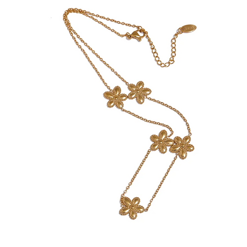 This delicate and classy necklace is made out of stainless steel with 18K gold plating. It consists of a thin chain with five flower charms and it comes in gold colour. It has a size adjustable lobster clasp. It can be worn as a perfect summer accessory.