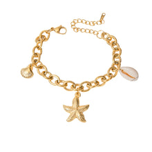 Load image into Gallery viewer, Add a touch of seaside charm to your look with this summer stainless steel bracelet. Plated in radiant 18K gold and designed with a delicate drop chain, this stylish bracelet features playful shells and starfish charms that capture the essence of summer. Waterproof and durable, it&#39;s perfect for everyday wear, whether you&#39;re at the beach or adding a touch of whimsy to your daily outfit. 
