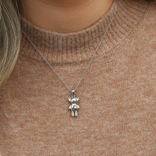 Load image into Gallery viewer, Necklace is made out of stainless steel and comes in two colours: gold and silver. Pendant is in a shape of a cute teddy bear and it is additionally adorned with cubic zirconia stars in pink colour. This beautiful necklace can be worn with daily or evening outfit. It has a size adjustable lobster clasp.
