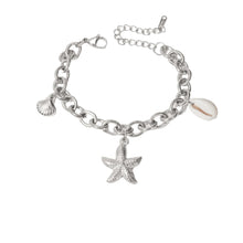 Load image into Gallery viewer, Add a touch of seaside charm to your look with this summer stainless steel bracelet. Plated in radiant 18K gold and designed with a delicate drop chain, this stylish bracelet features playful shells and starfish charms that capture the essence of summer. Waterproof and durable, it&#39;s perfect for everyday wear, whether you&#39;re at the beach or adding a touch of whimsy to your daily outfit. 
